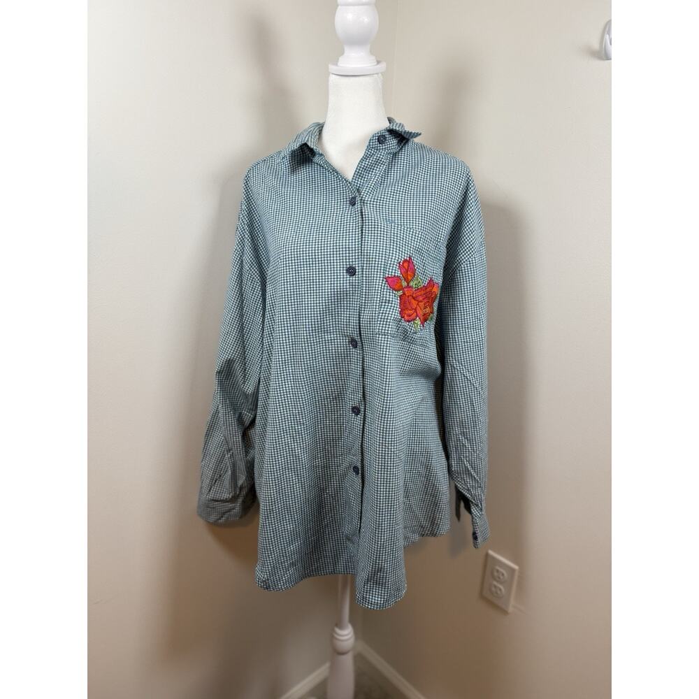 Rosey Tomato Vintage Shirt Women’s Large 42/22 Embroidered Floral Plaid 90s